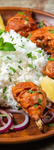 Chicken cooked in a Tandoori oven with basmati rice.